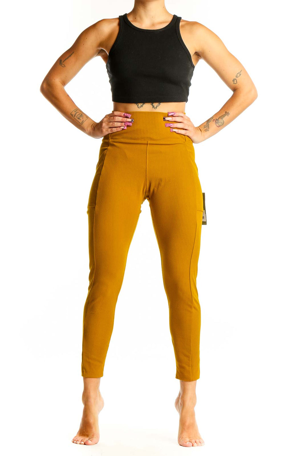 Front view of mustard ribbed high-waist activewear leggings