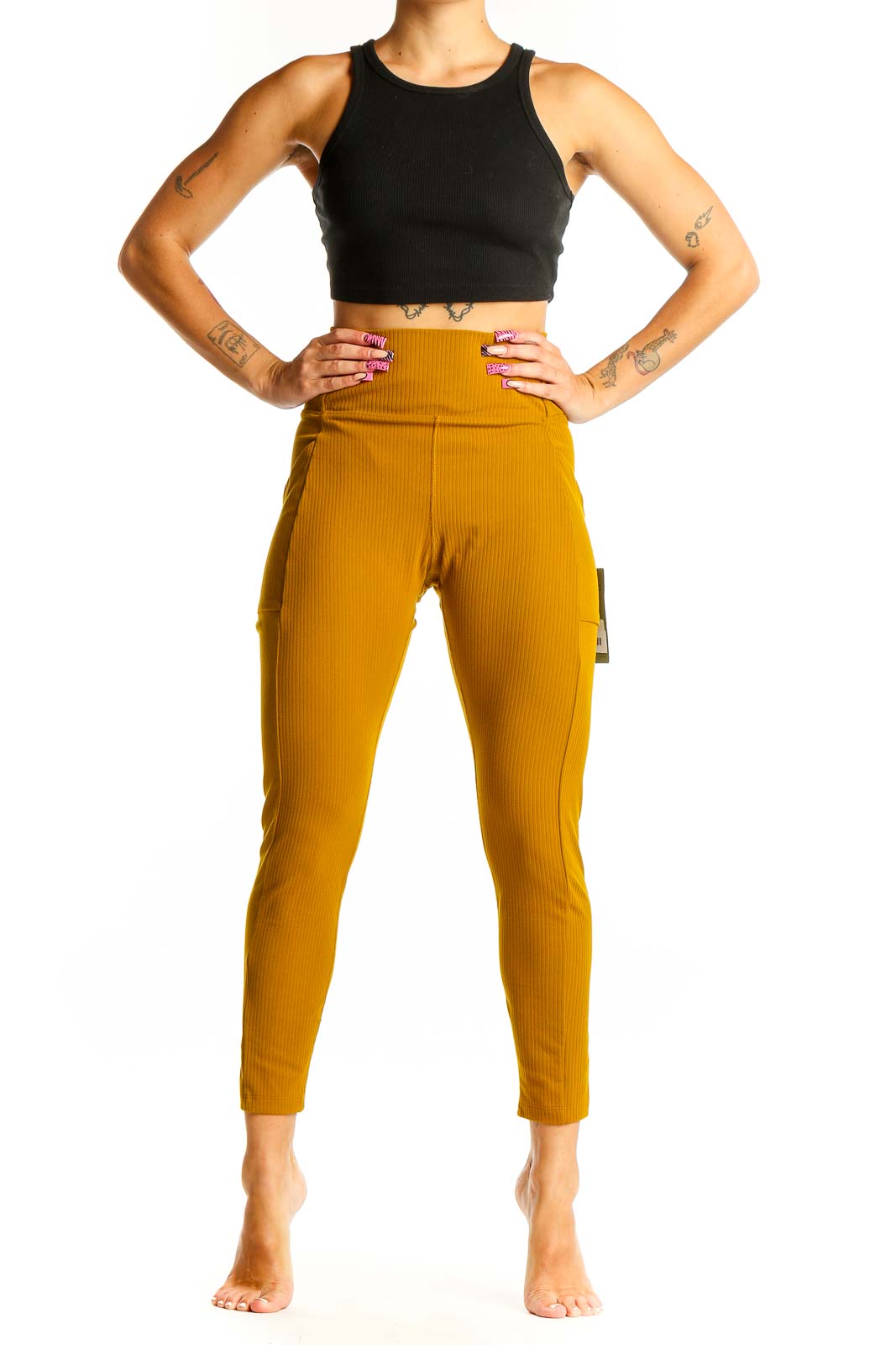 Front view of mustard ribbed high-waist activewear leggings