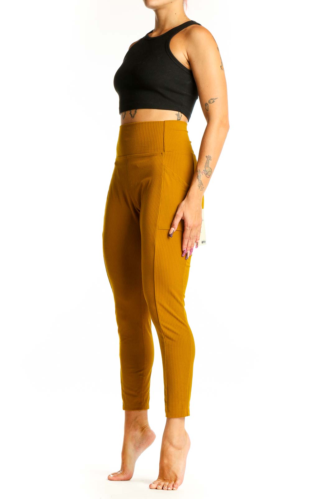 Front view of mustard ribbed high-waist activewear leggings