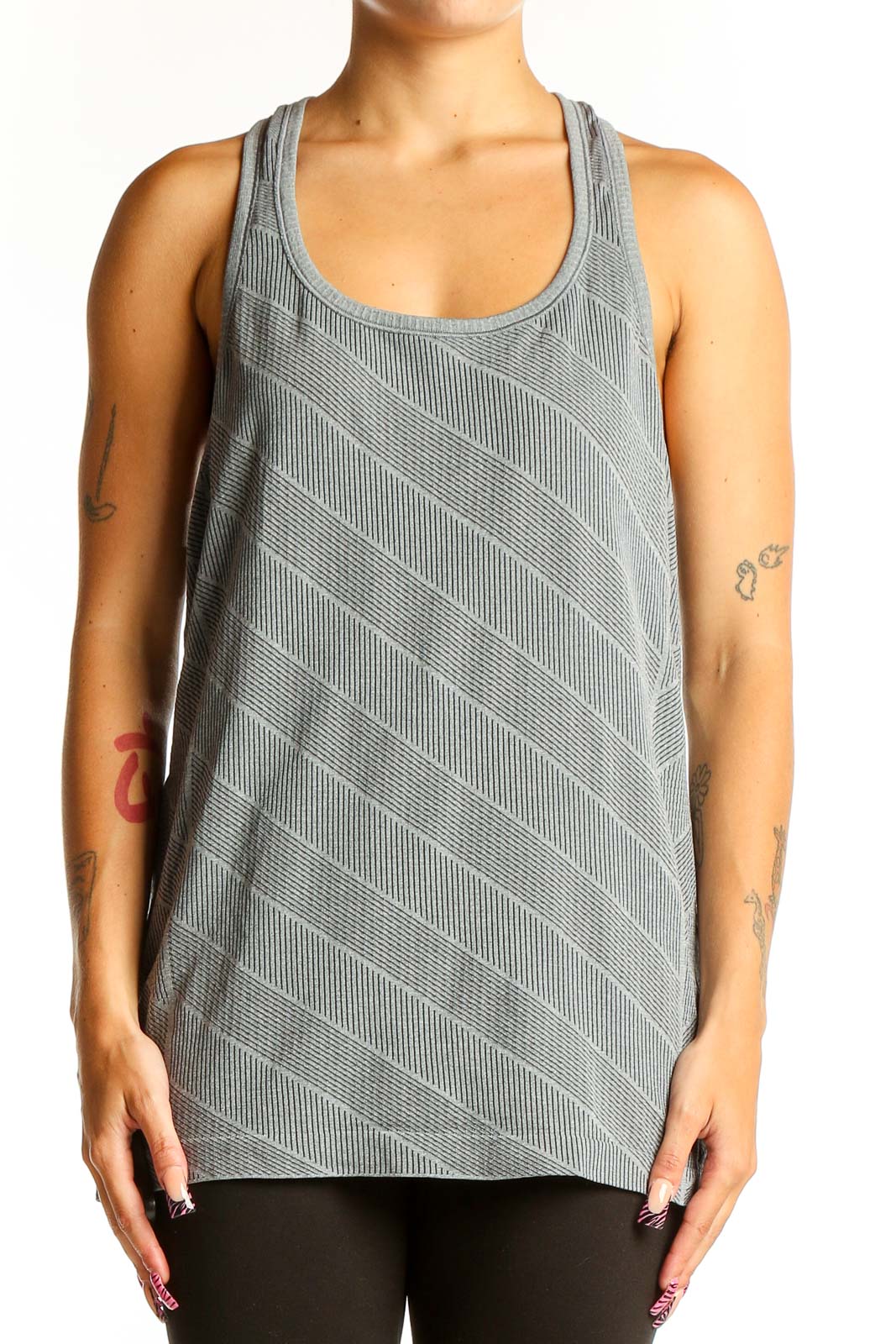 Front view of gray striped Lululemon racerback tank top