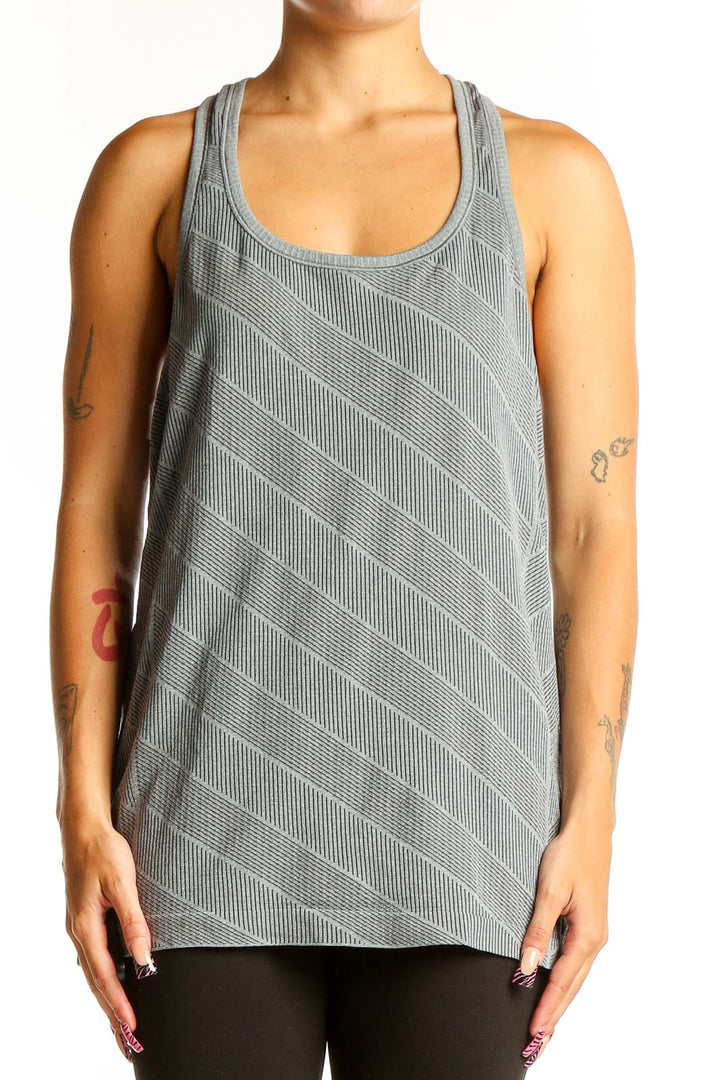 Front view of gray striped Lululemon racerback tank top