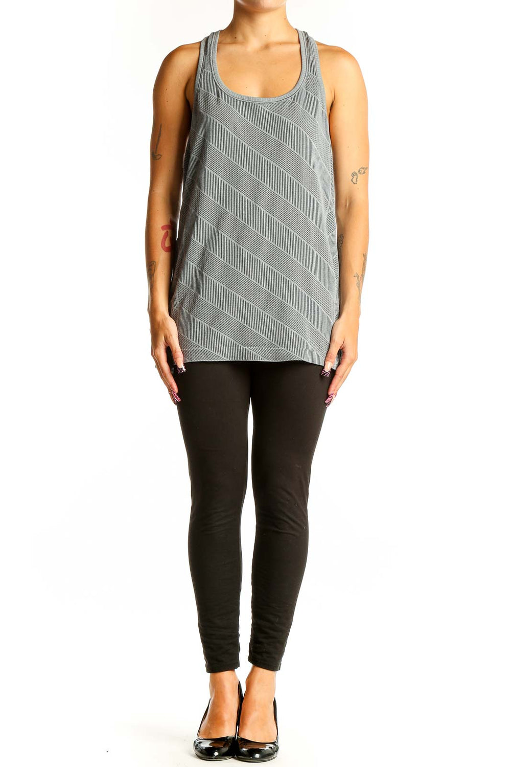 Front view of gray striped Lululemon racerback tank top
