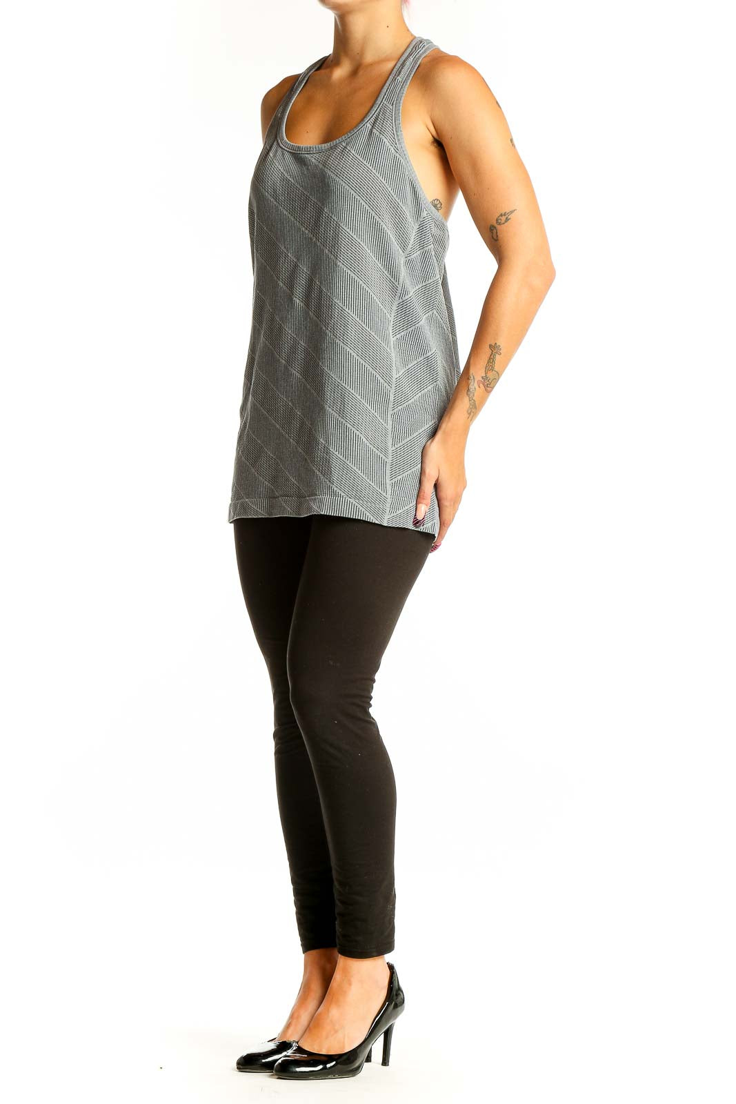 Front view of gray striped Lululemon racerback tank top