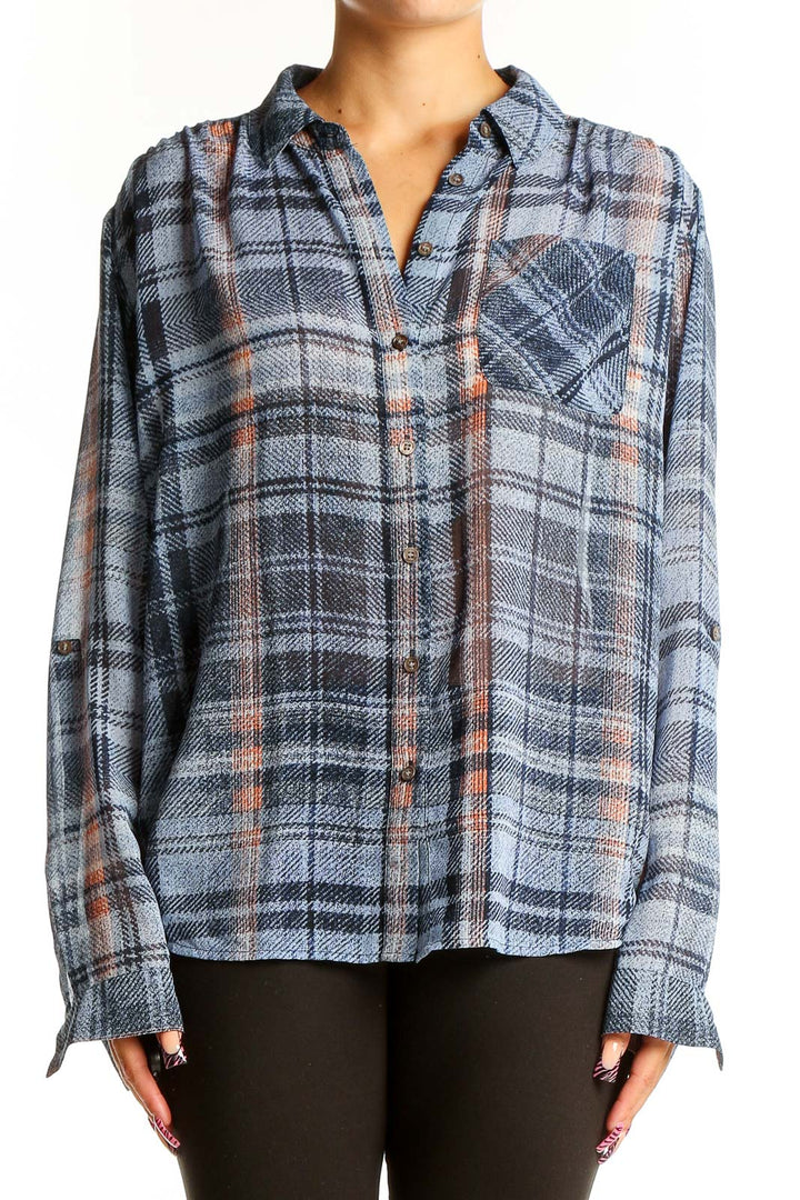 Front view of Two by Vince Camuto blue plaid polyester button-up shirt