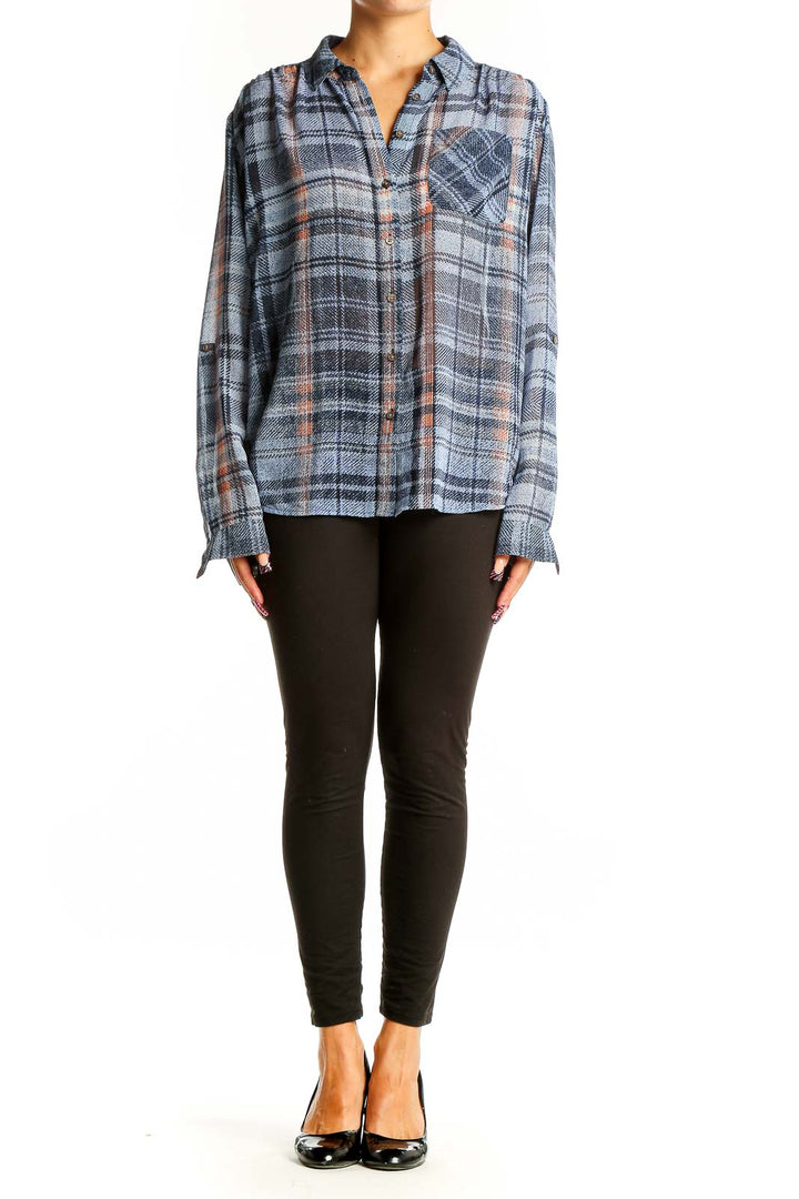 Front view of Two by Vince Camuto blue plaid polyester button-up shirt