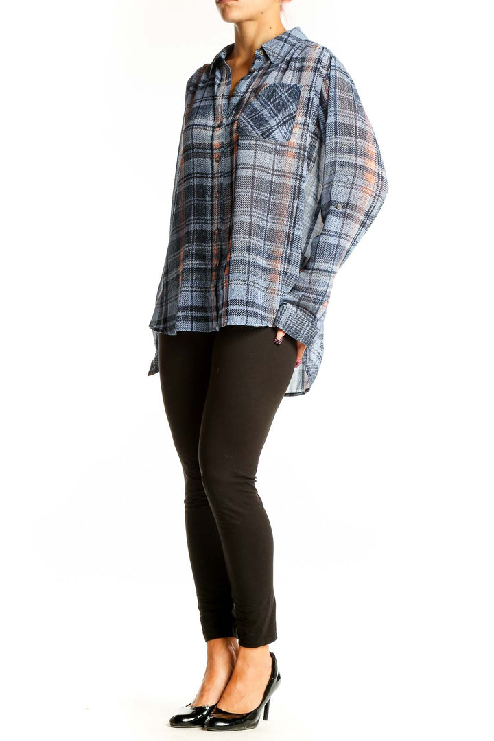 Front view of Two by Vince Camuto blue plaid polyester button-up shirt