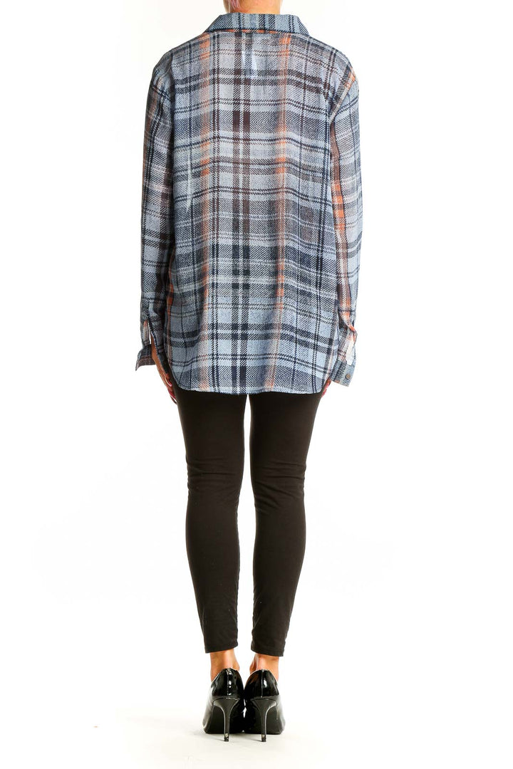 Back view of Two by Vince Camuto blue plaid polyester button-up shirt on model