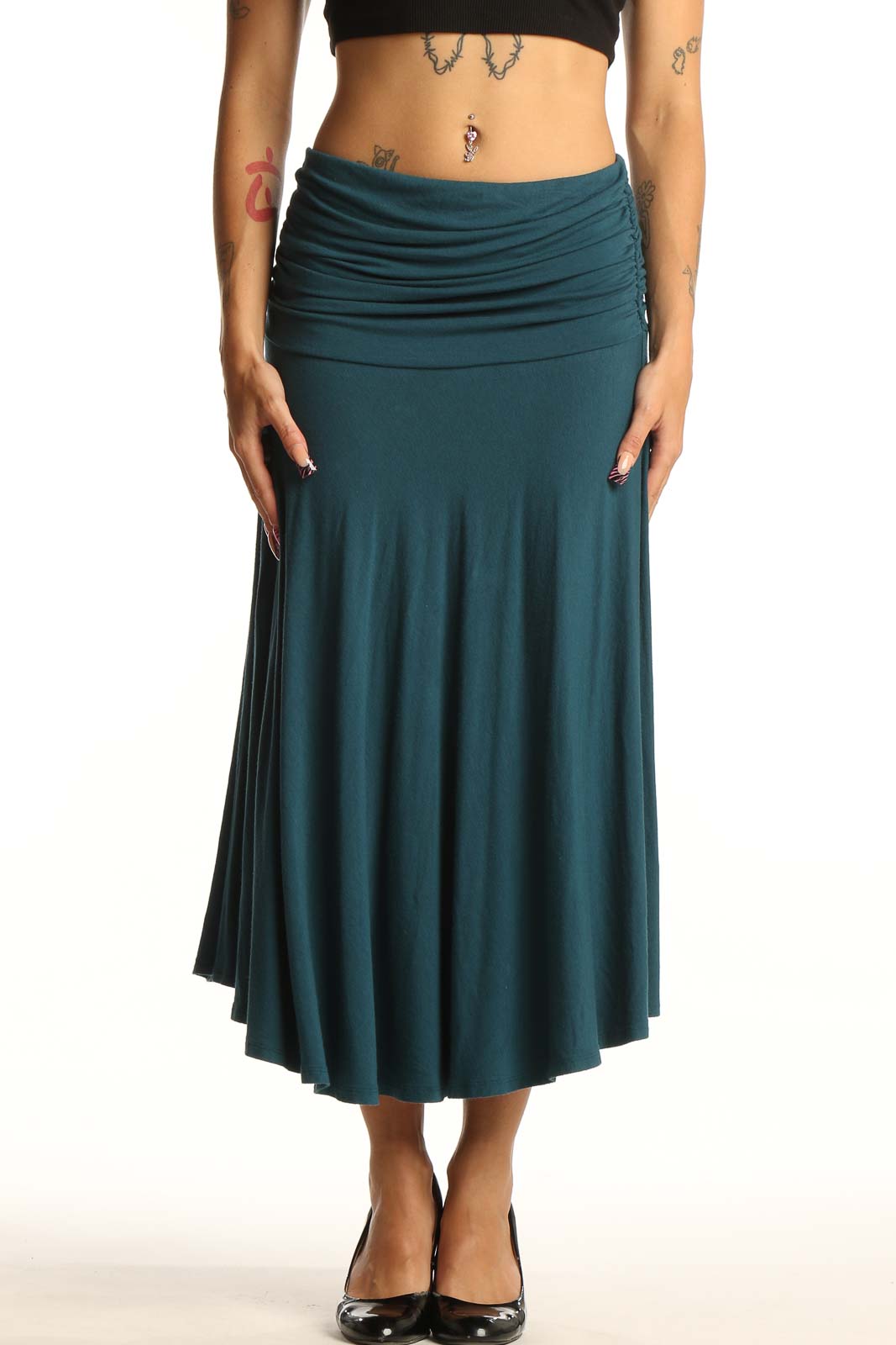 Front view of teal Tommy Bahama midi skirt with ruched waistband