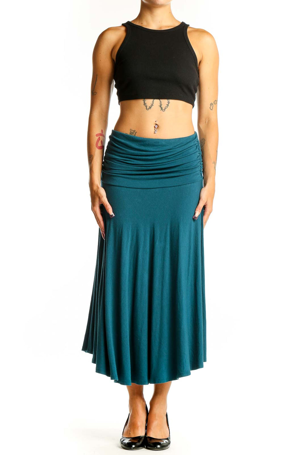Front view of teal Tommy Bahama midi skirt with ruched waistband