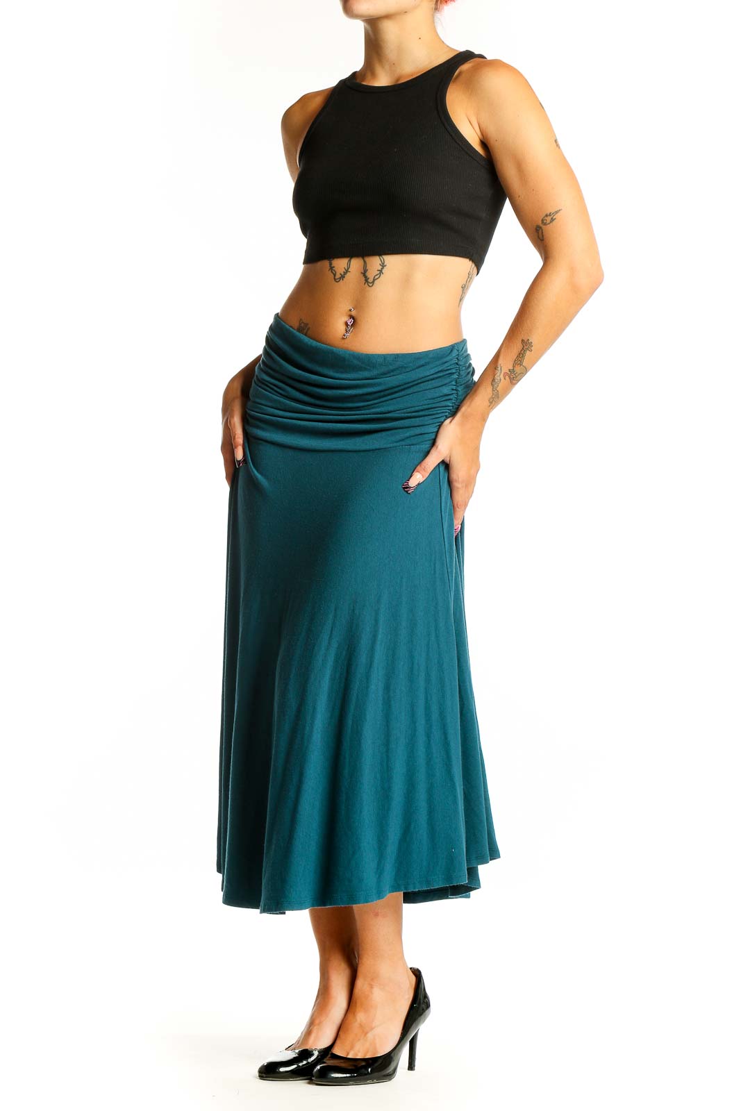 Front view of teal Tommy Bahama midi skirt with ruched waistband