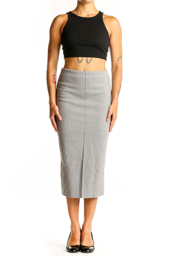 Front view of gray Zara midi pencil skirt