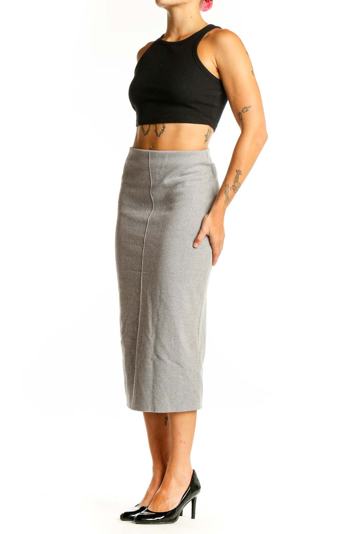 Front view of gray Zara midi pencil skirt