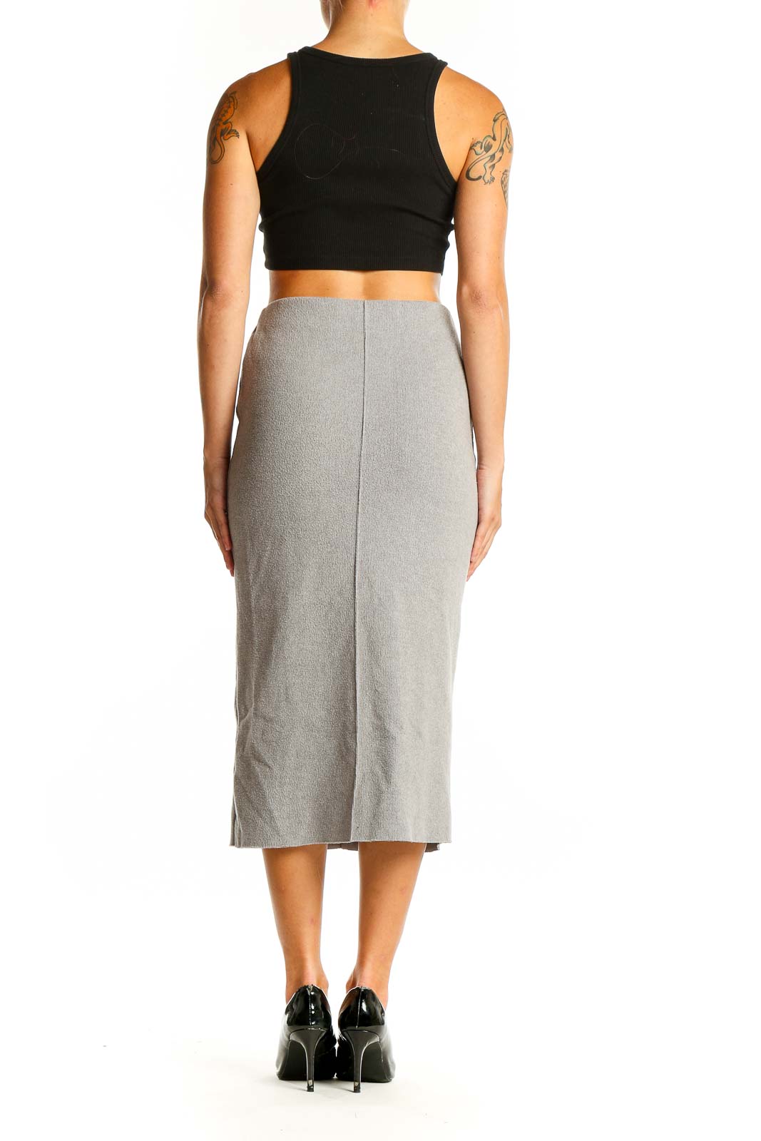 Side view of gray Zara midi pencil skirt with black crop top