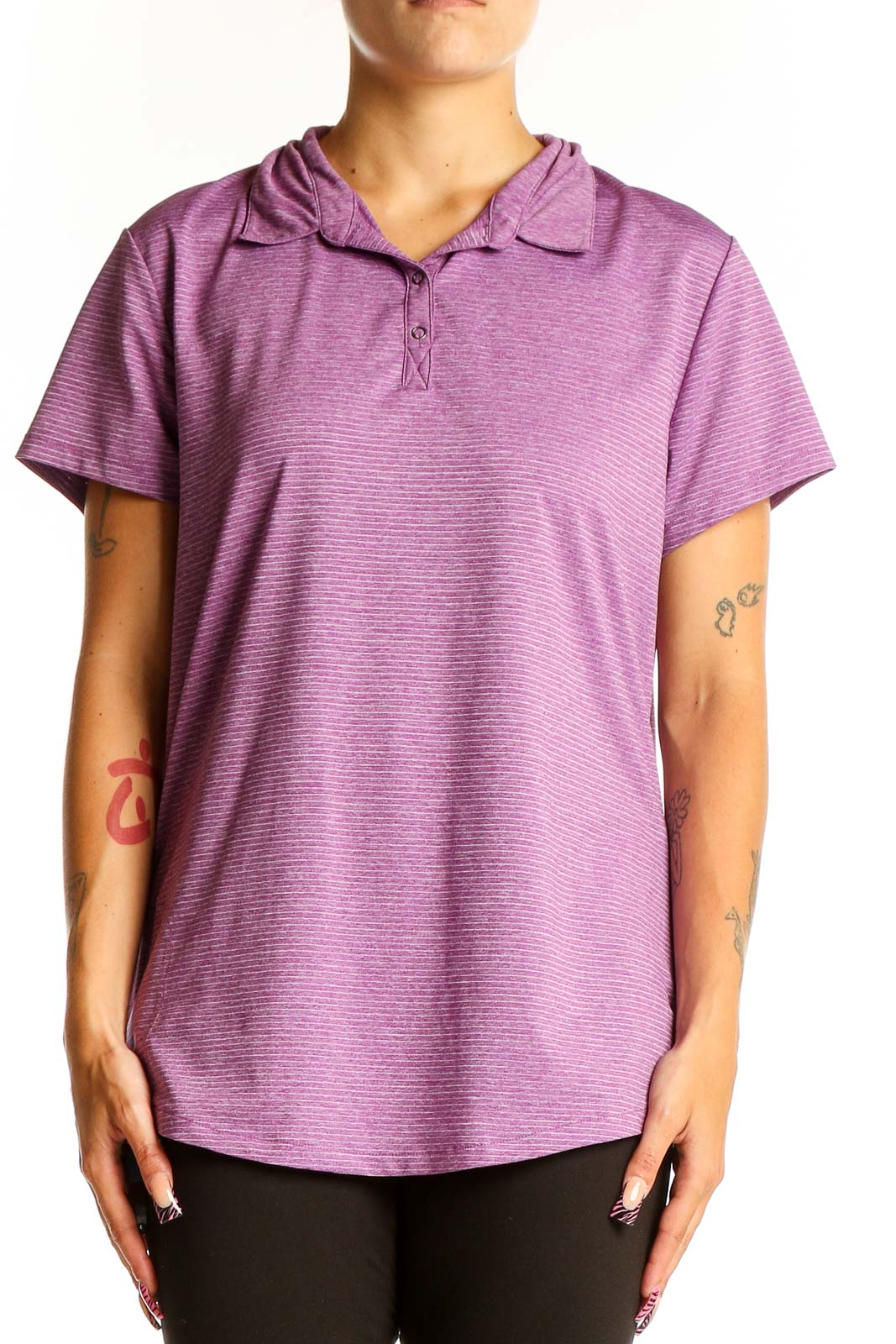 Front view of purple striped Eddie Bauer performance polo shirt