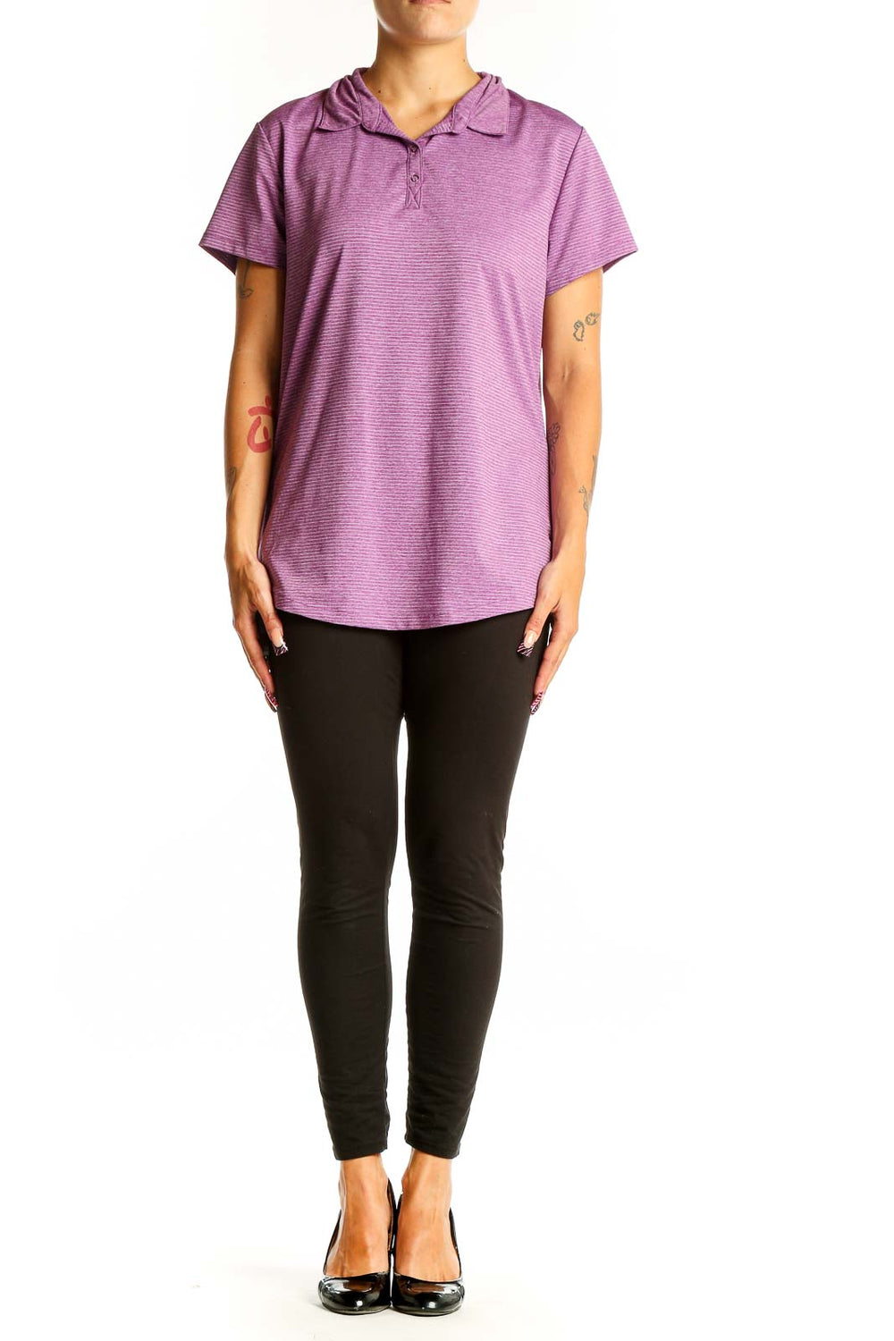 Front view of purple striped Eddie Bauer performance polo shirt
