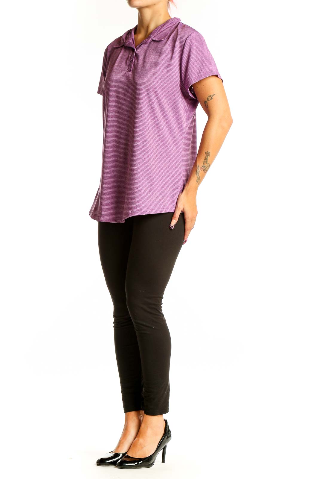 Front view of purple striped Eddie Bauer performance polo shirt
