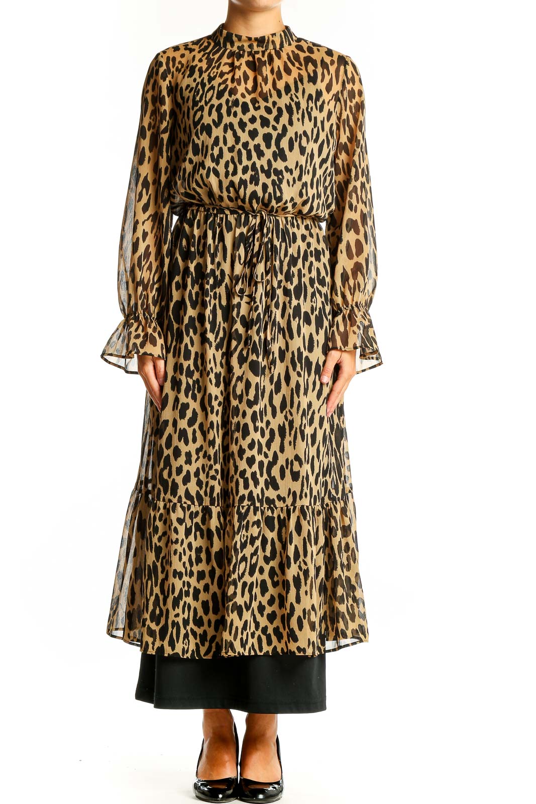 Front view of Banana Republic tan leopard print maxi dress with long sleeves