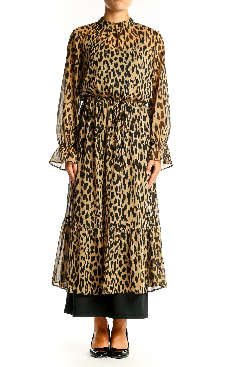 Front view of Banana Republic tan leopard print maxi dress with long sleeves