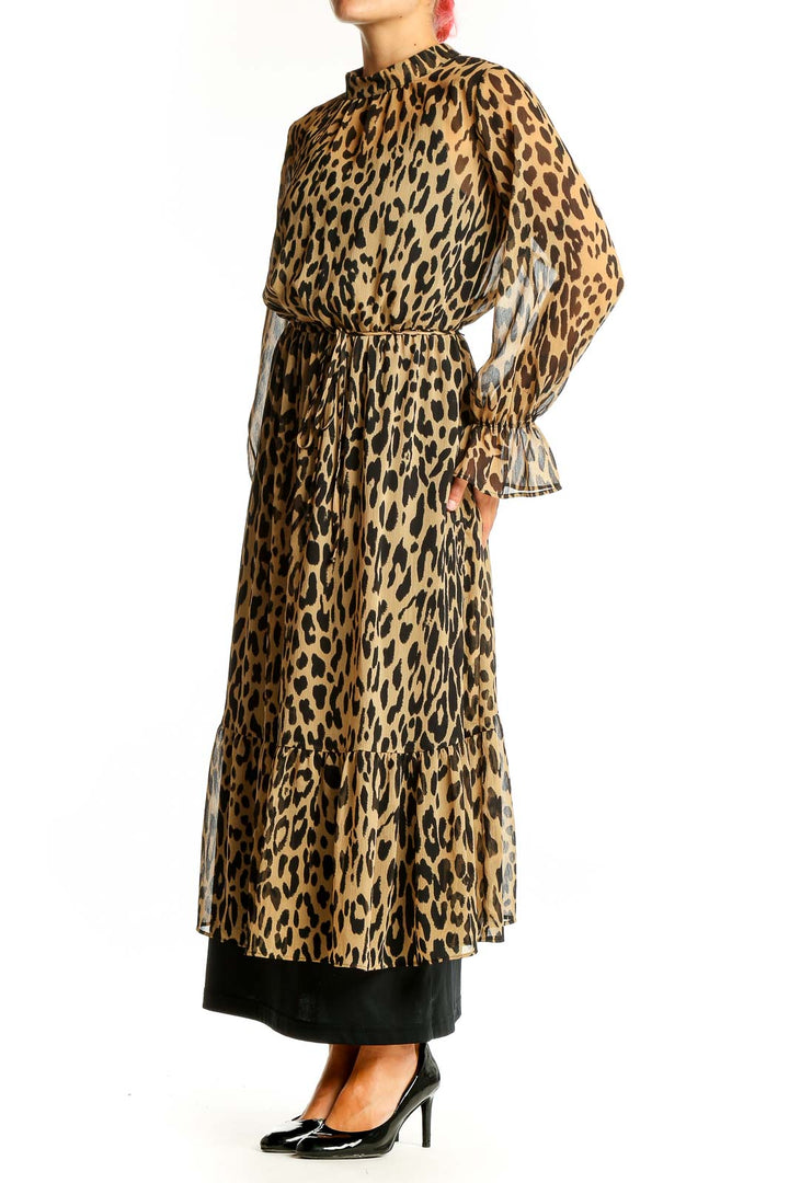 Front view of Banana Republic tan leopard print maxi dress with long sleeves