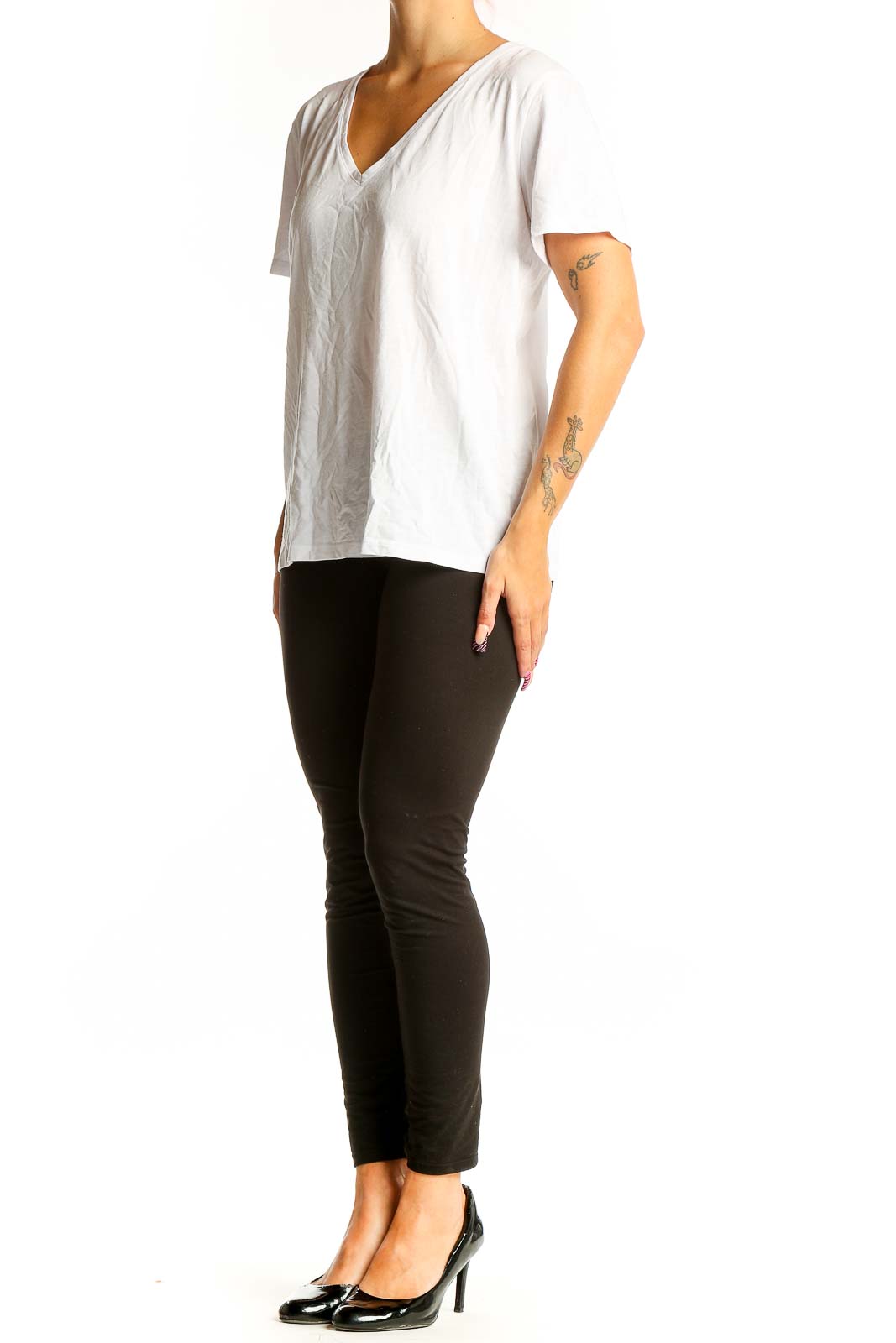 Front view of white Theory V-neck short sleeve top on model