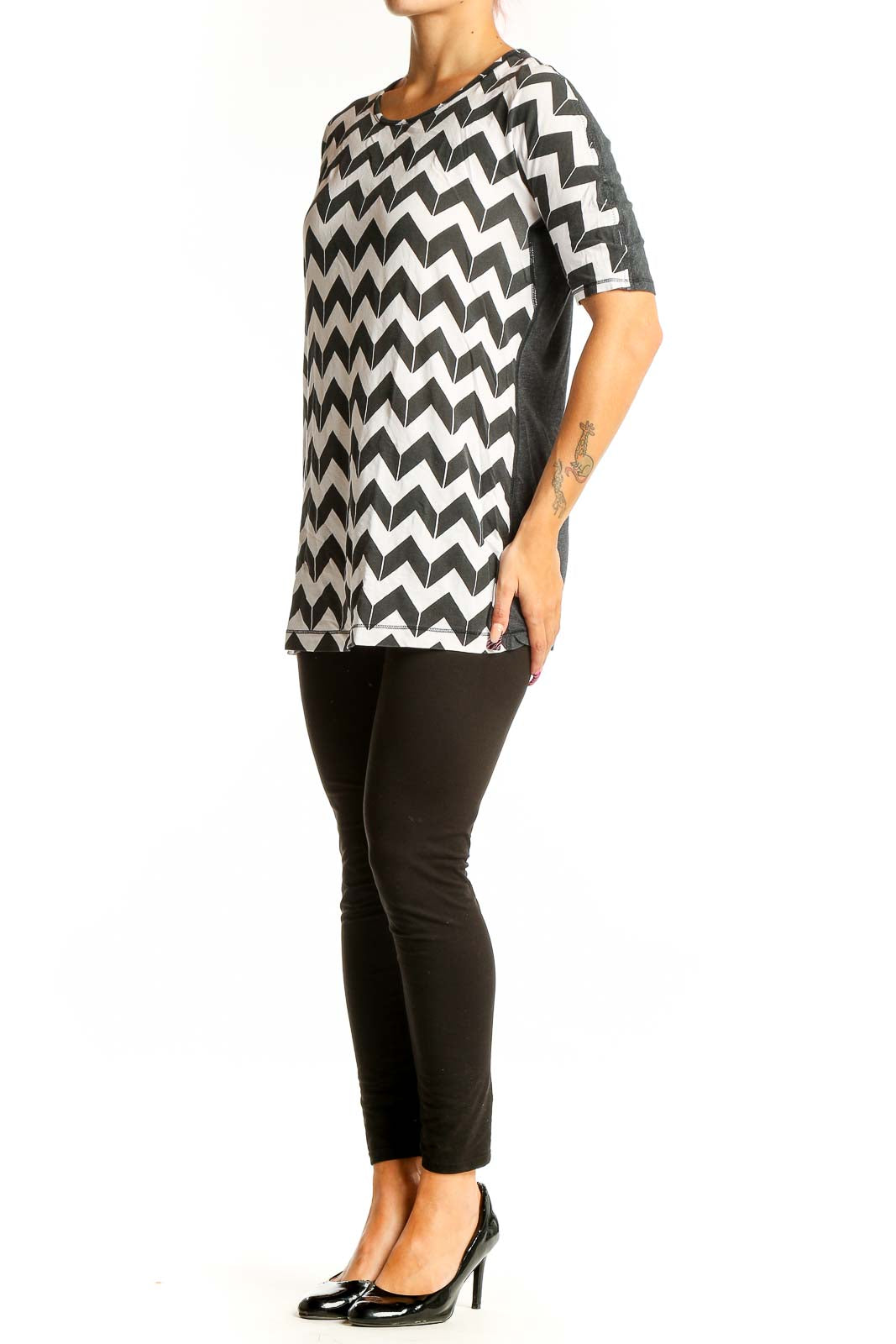 Front view of Lululemon black and white chevron print top