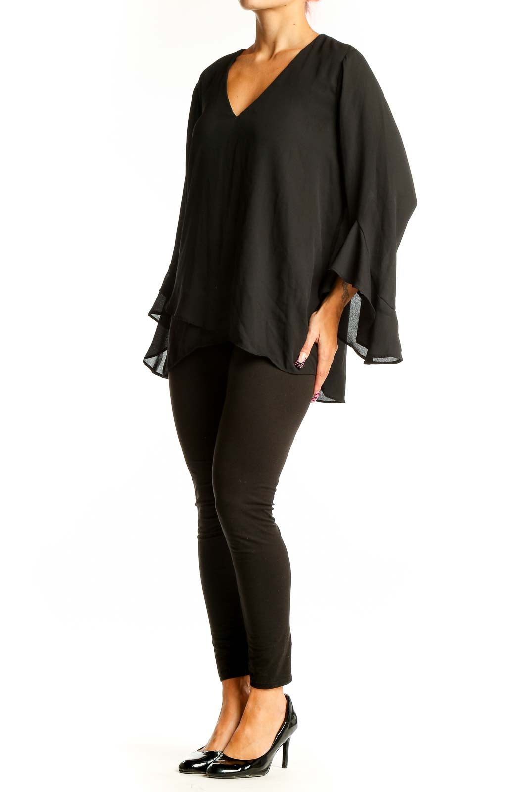 Front view of black Vince Camuto V-neck blouse with bell sleeves