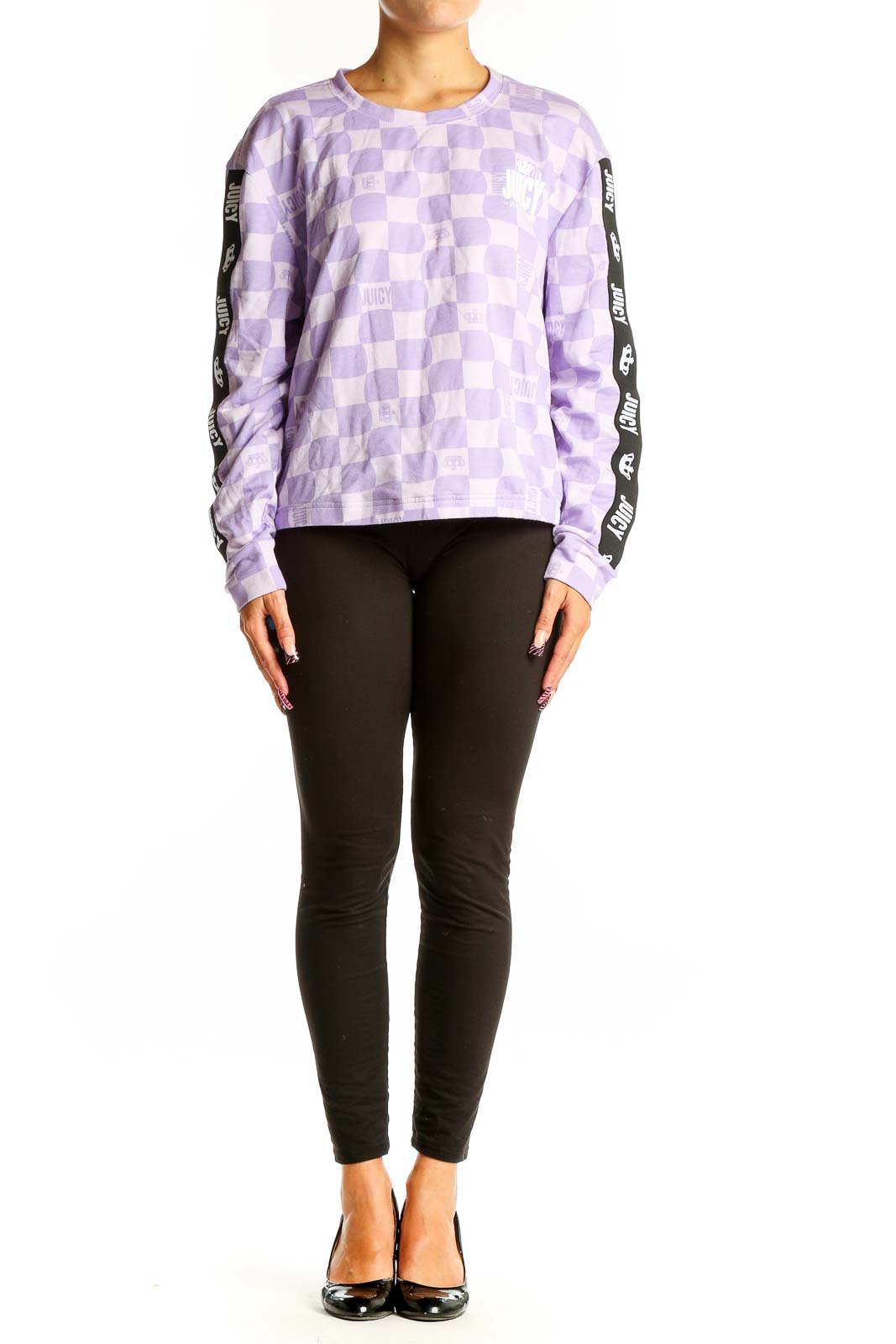 Front view of purple checkered long sleeve top by JUICY by Juicy Couture