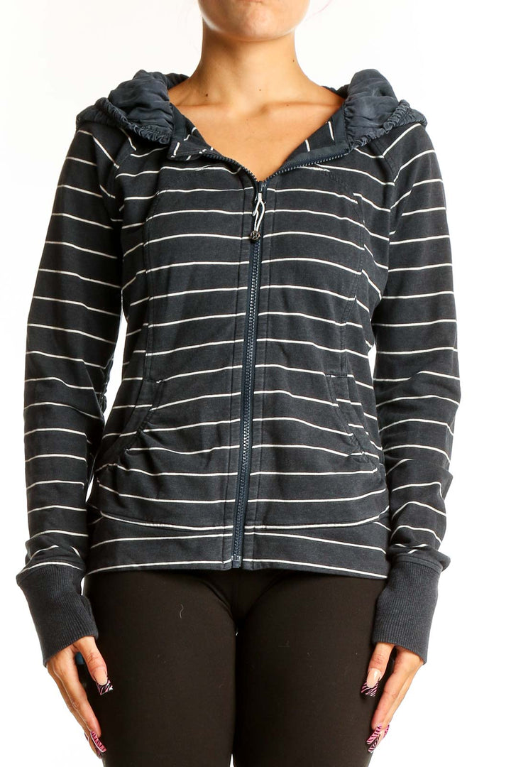 Front view of Lululemon gray striped hooded zip-up top