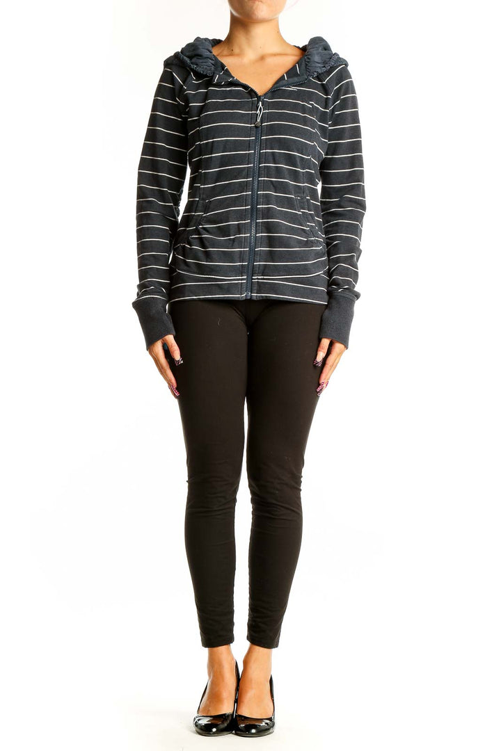 Front view of Lululemon gray striped hooded zip-up top