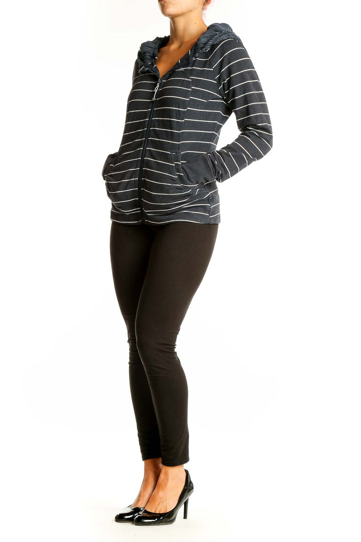 Front view of Lululemon gray striped hooded zip-up top
