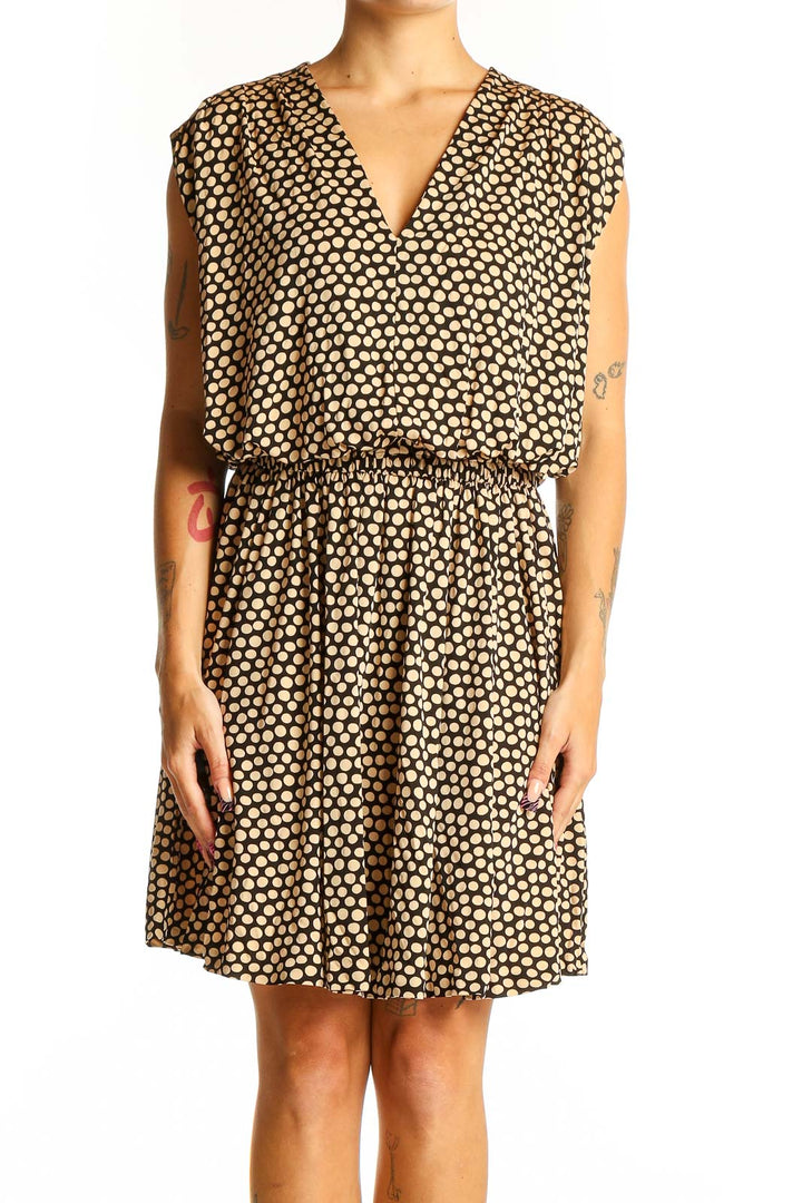 Front view of Banana Republic brown polka dot sleeveless dress with V-neck