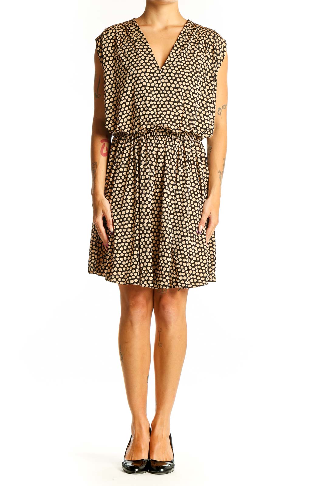 Front view of Banana Republic brown polka dot sleeveless dress with V-neck