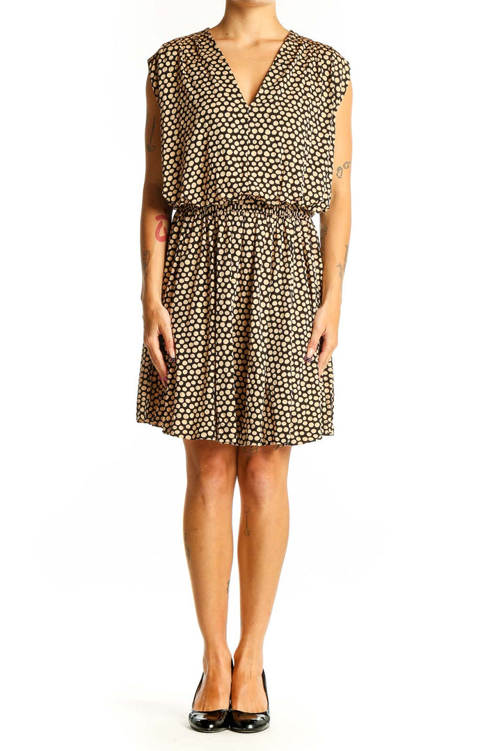 Front view of Banana Republic brown polka dot sleeveless dress with V-neck