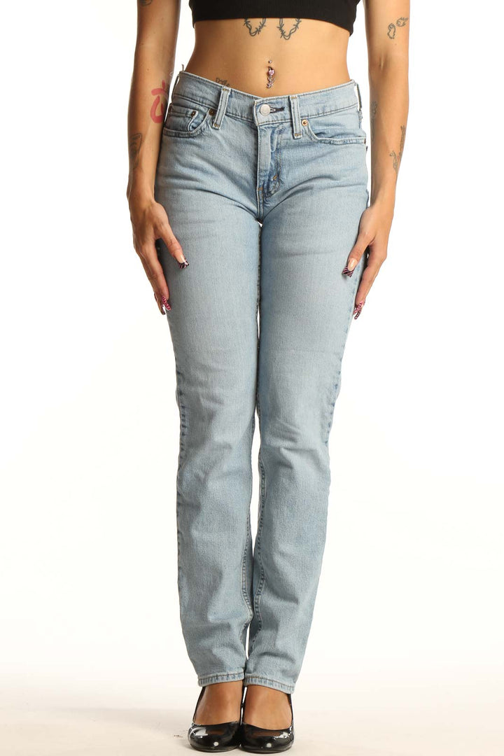 Front view of Levi's light blue straight leg jeans on model