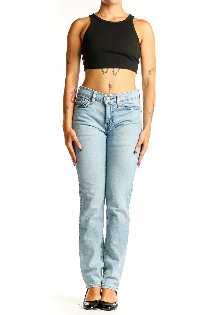 Front view of Levi's light blue straight leg jeans on model