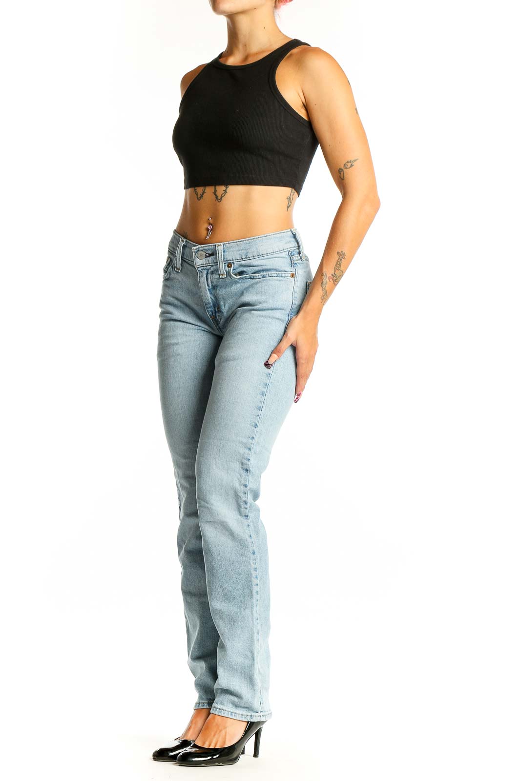 Front view of Levi's light blue straight leg jeans on model
