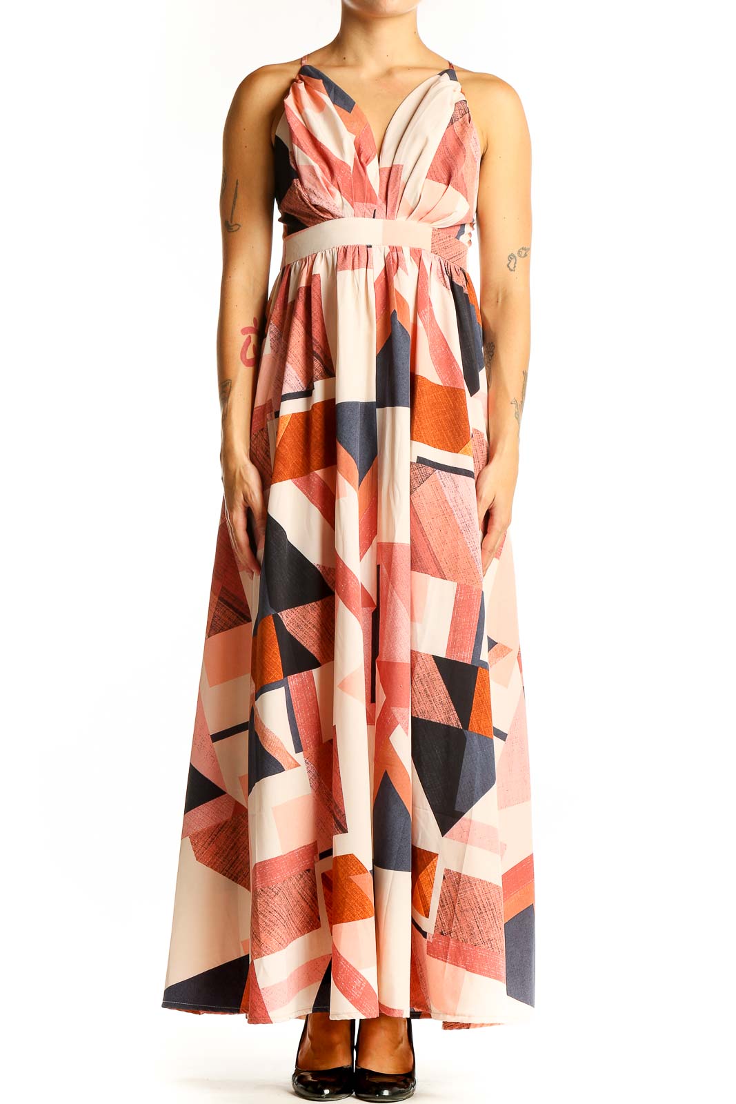 Front view of SilkRoll multicolor geometric print maxi dress with V-neck and cinched waist