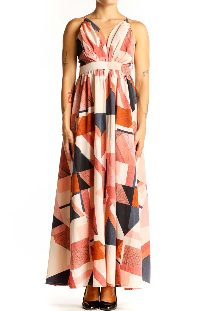 Front view of SilkRoll multicolor geometric print maxi dress with V-neck and cinched waist