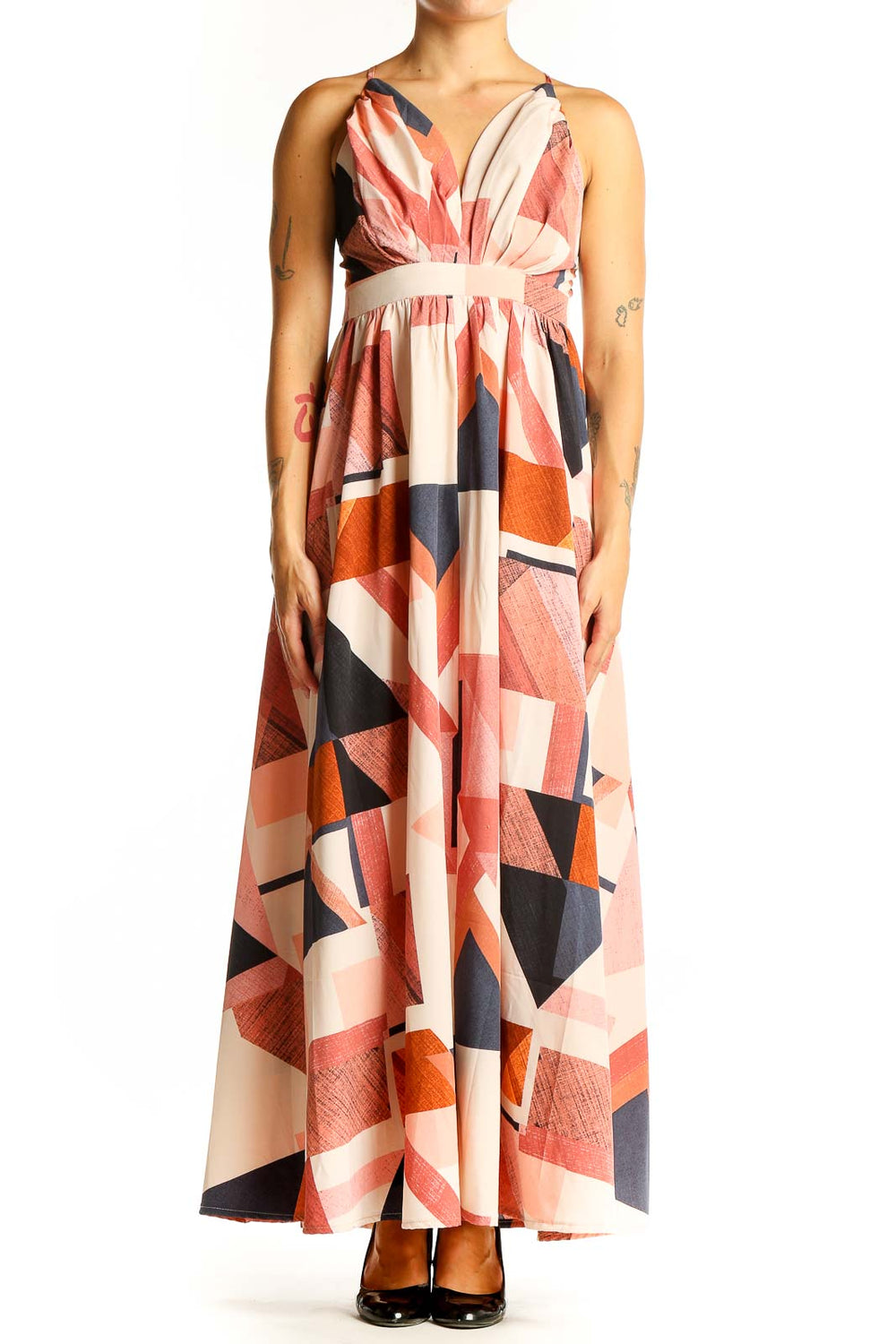 Front view of SilkRoll multicolor geometric print maxi dress with V-neck and cinched waist