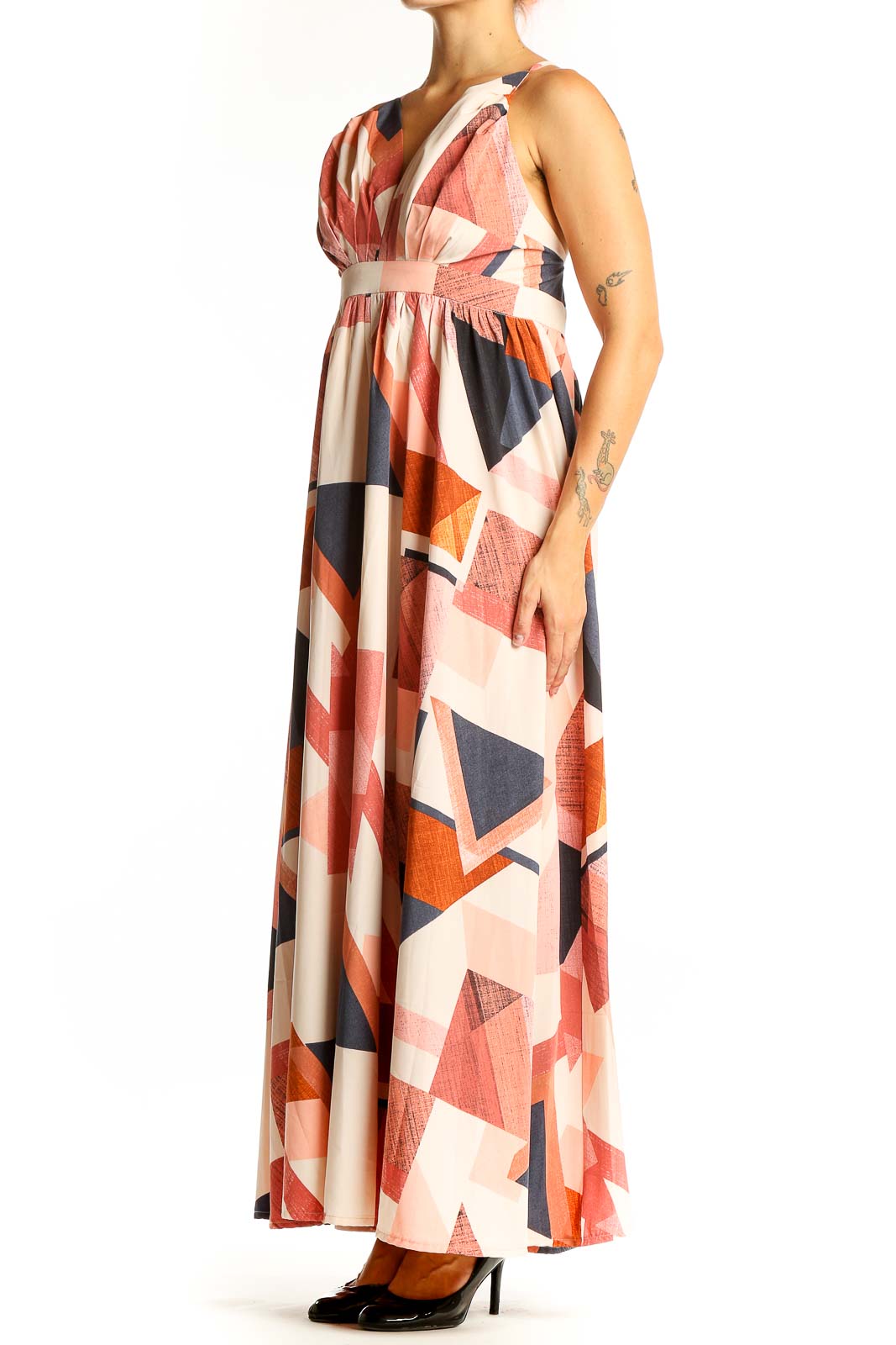 Front view of SilkRoll multicolor geometric print maxi dress with V-neck and cinched waist