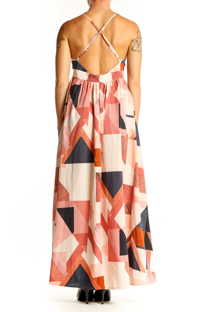 Side view of SilkRoll multicolor geometric print maxi dress showing full-length silhouette