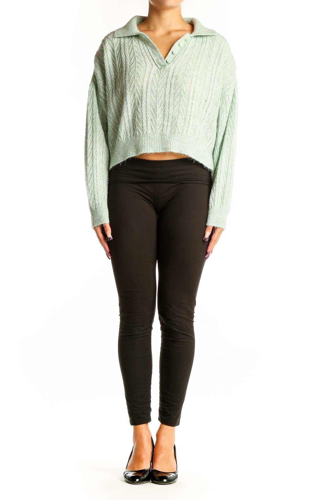 Front view of Mango mint green cable knit cropped sweater with V-neck collar