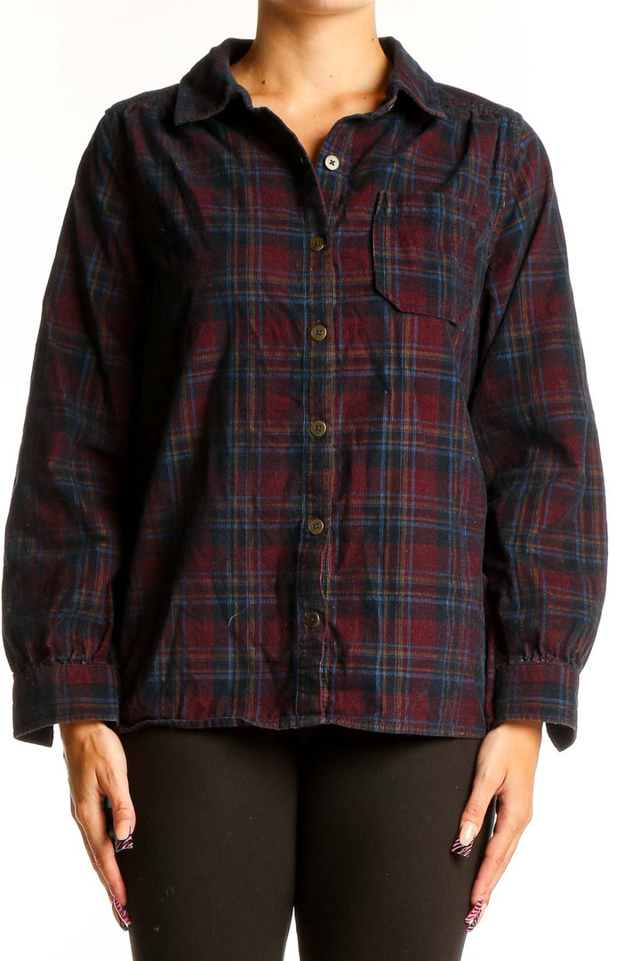 Front view of Christopher & Banks burgundy plaid cotton button-up shirt