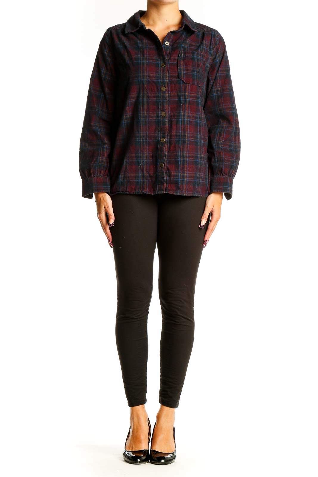 Front view of Christopher & Banks burgundy plaid cotton button-up shirt