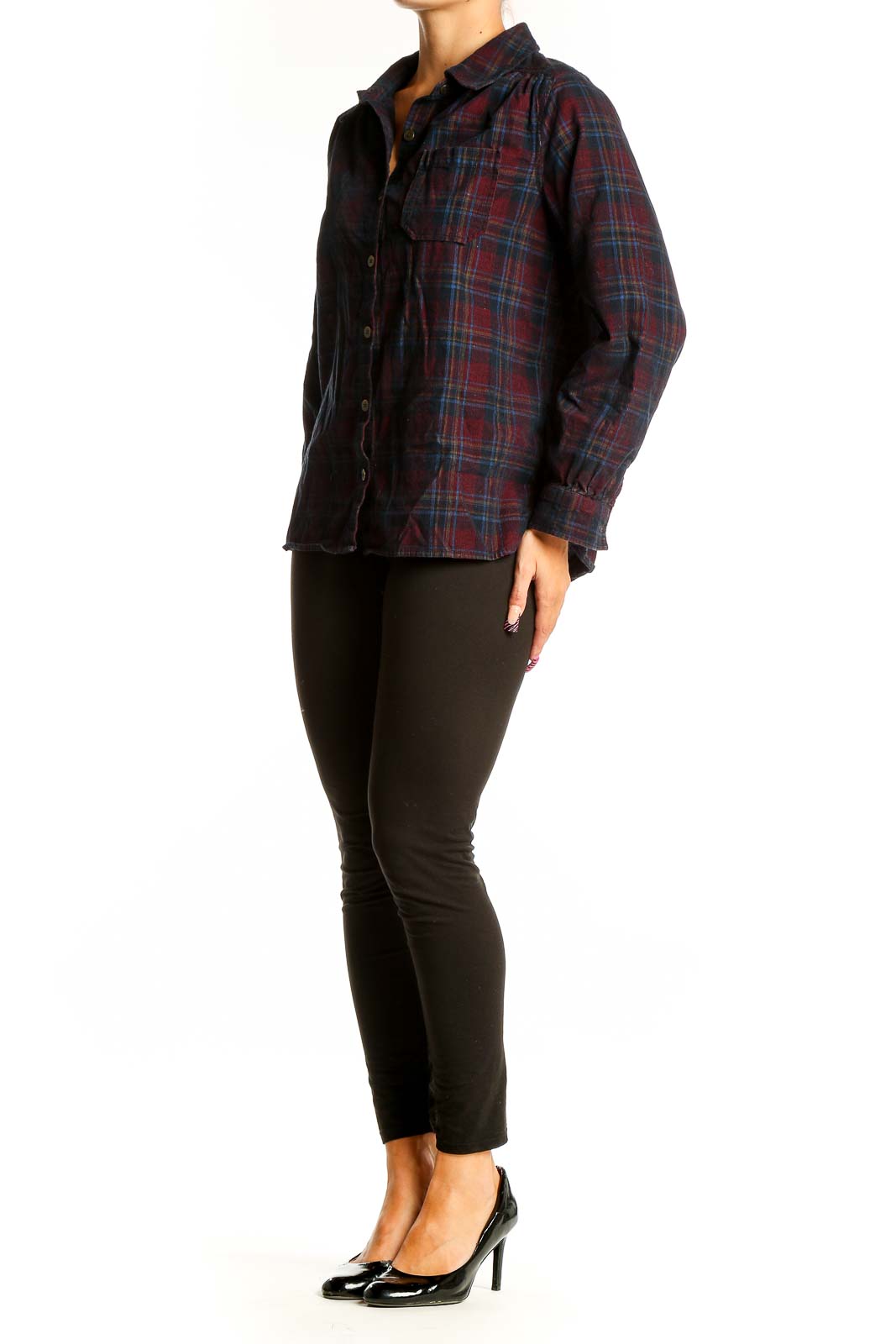 Front view of Christopher & Banks burgundy plaid cotton button-up shirt