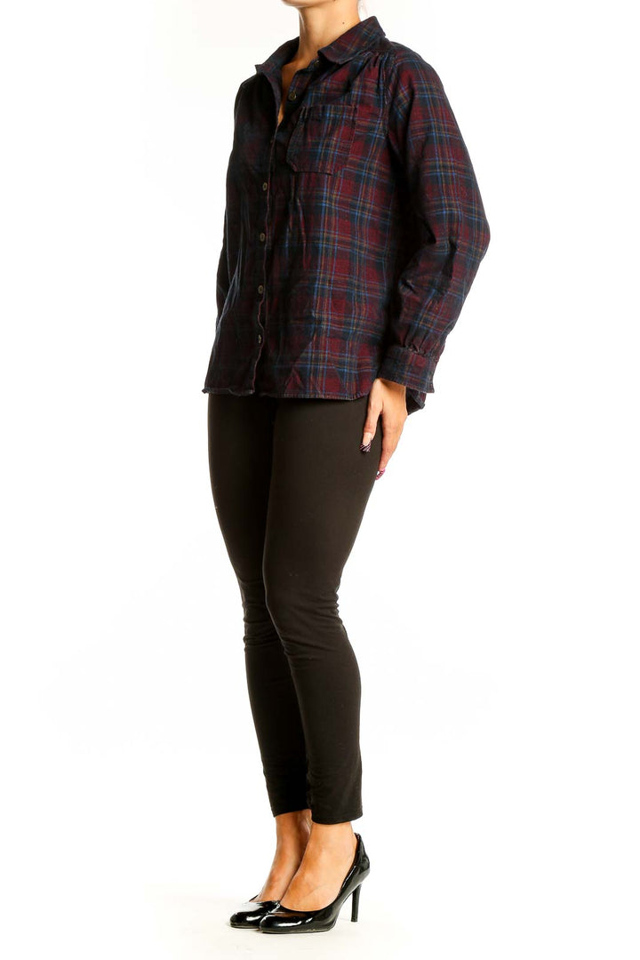 Front view of Christopher & Banks burgundy plaid cotton button-up shirt
