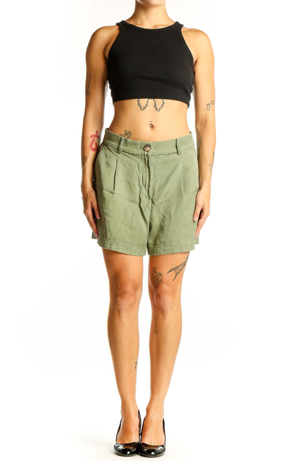 Front view of sage green LOFT pleated shorts