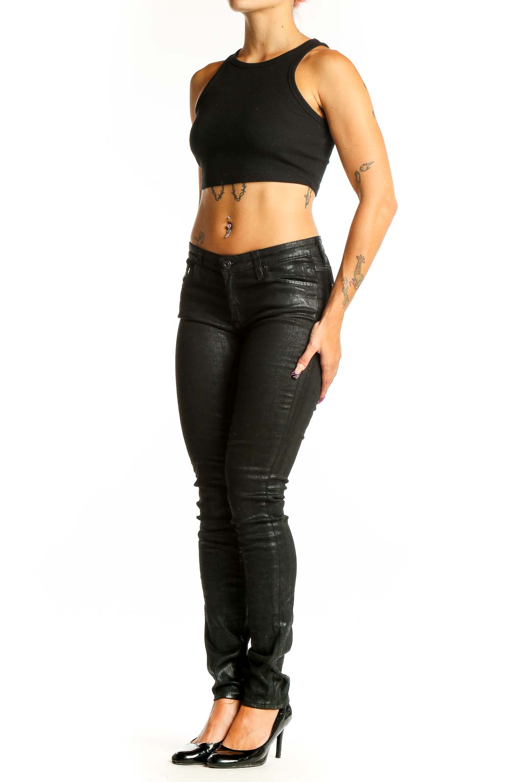 Front view of Adriano Goldschmied black coated skinny jeans on model
