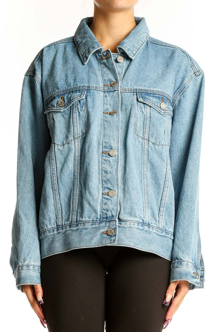 Front view of light blue oversized denim jacket