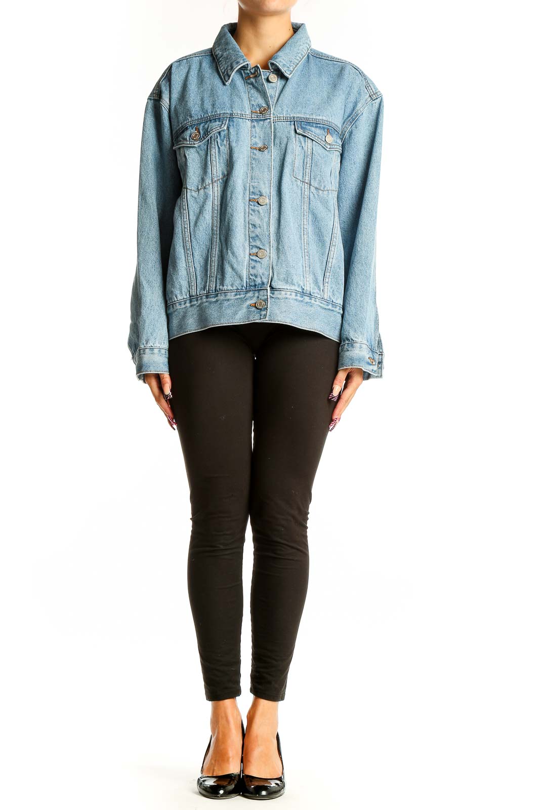 Front view of light blue oversized denim jacket